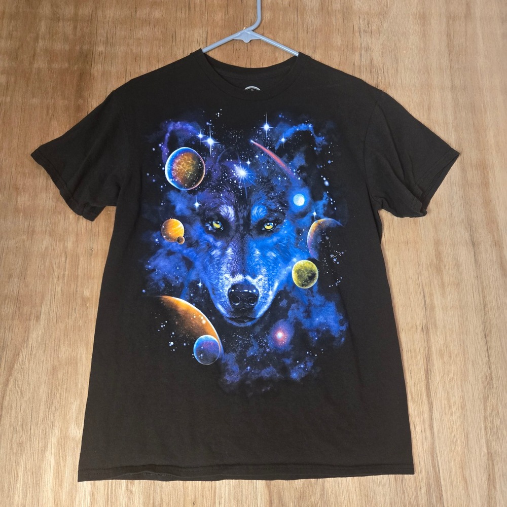 Dom Mens Wolf Space Galaxy Graphic T-Shirt Black Size M Short Sleeve Tee